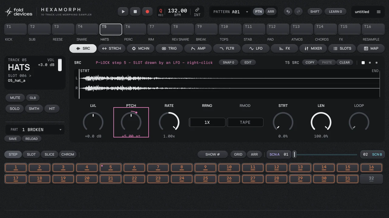 P-LOCK mode on step 5: the SRC page of the hats track, header in red