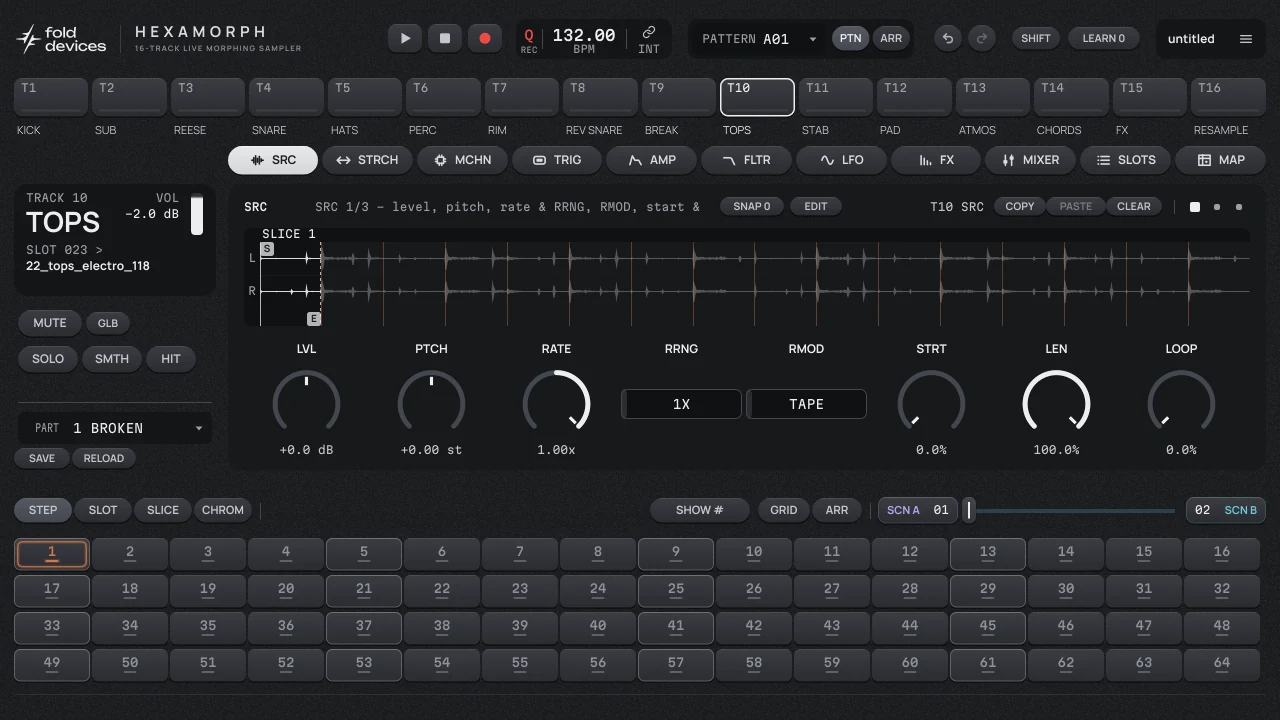 SRC page of a drum loop track: stereo waveform with 16 slice markers and the playback knobs