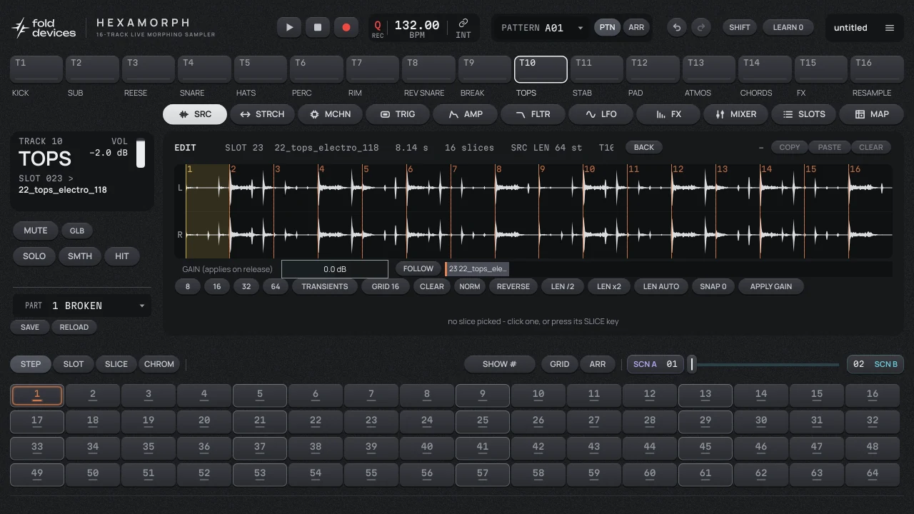 EDIT page with a drum loop cut into 16 slices